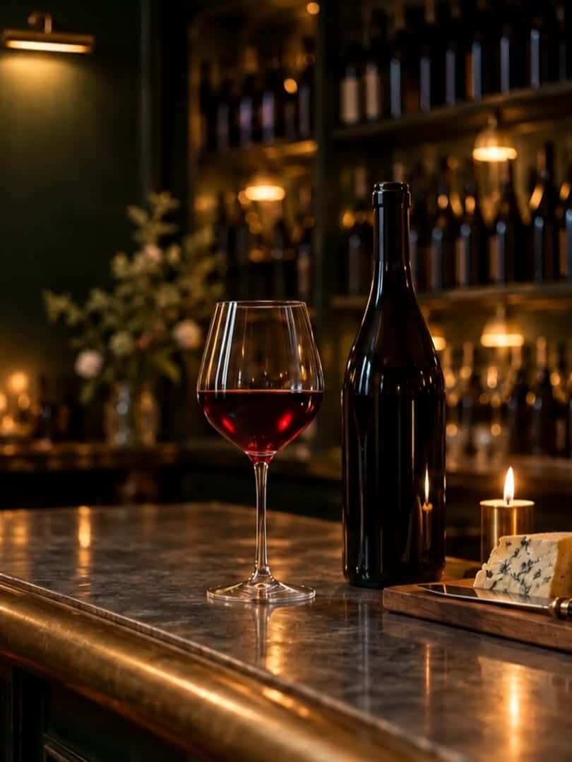 The zinc bar at night with a glass of red wine, a bottle and two candles.