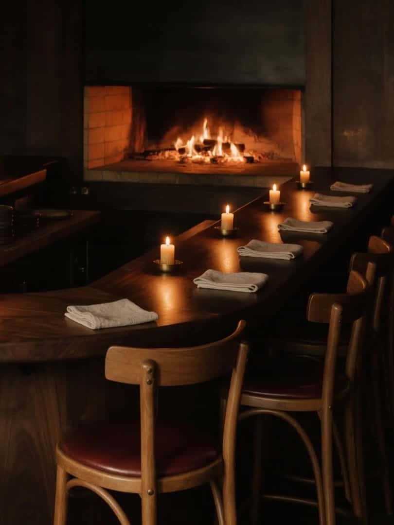 The counter ten minutes before the door opens: candles lit along the walnut, the hearth burning behind.