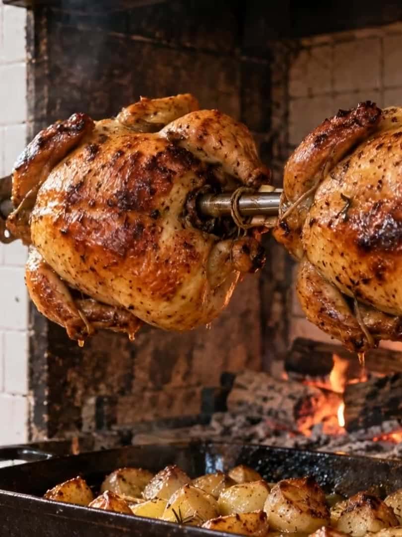 Two chickens turning on the spit in front of the fire, then a table by the window set with a carved bird.