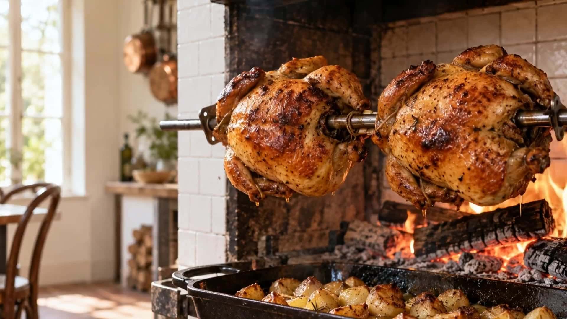 Two golden chickens turning on one spit in front of a wood fire, a pan of potatoes below, sun from the window on a cream wall.