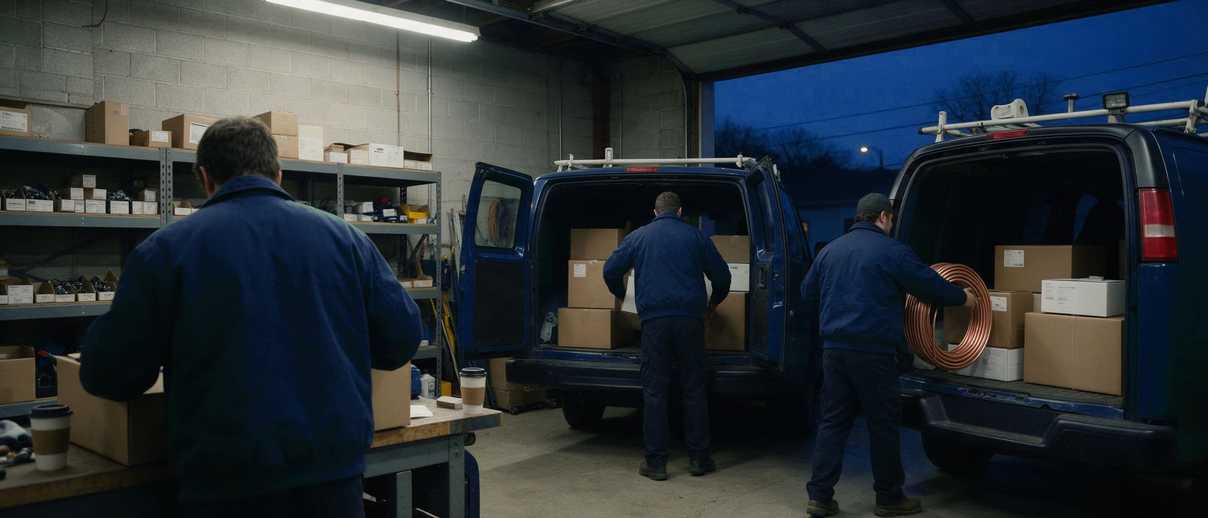 Before sunrise, technicians in navy jackets load boxed parts and a coil of copper line set into the backs of the vans in the shop