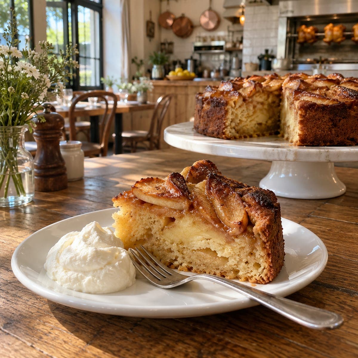 A thick wedge of apple cake with caramelized apples on top and a spoon of whipped cream, the rest of the cake on a stand behind.
