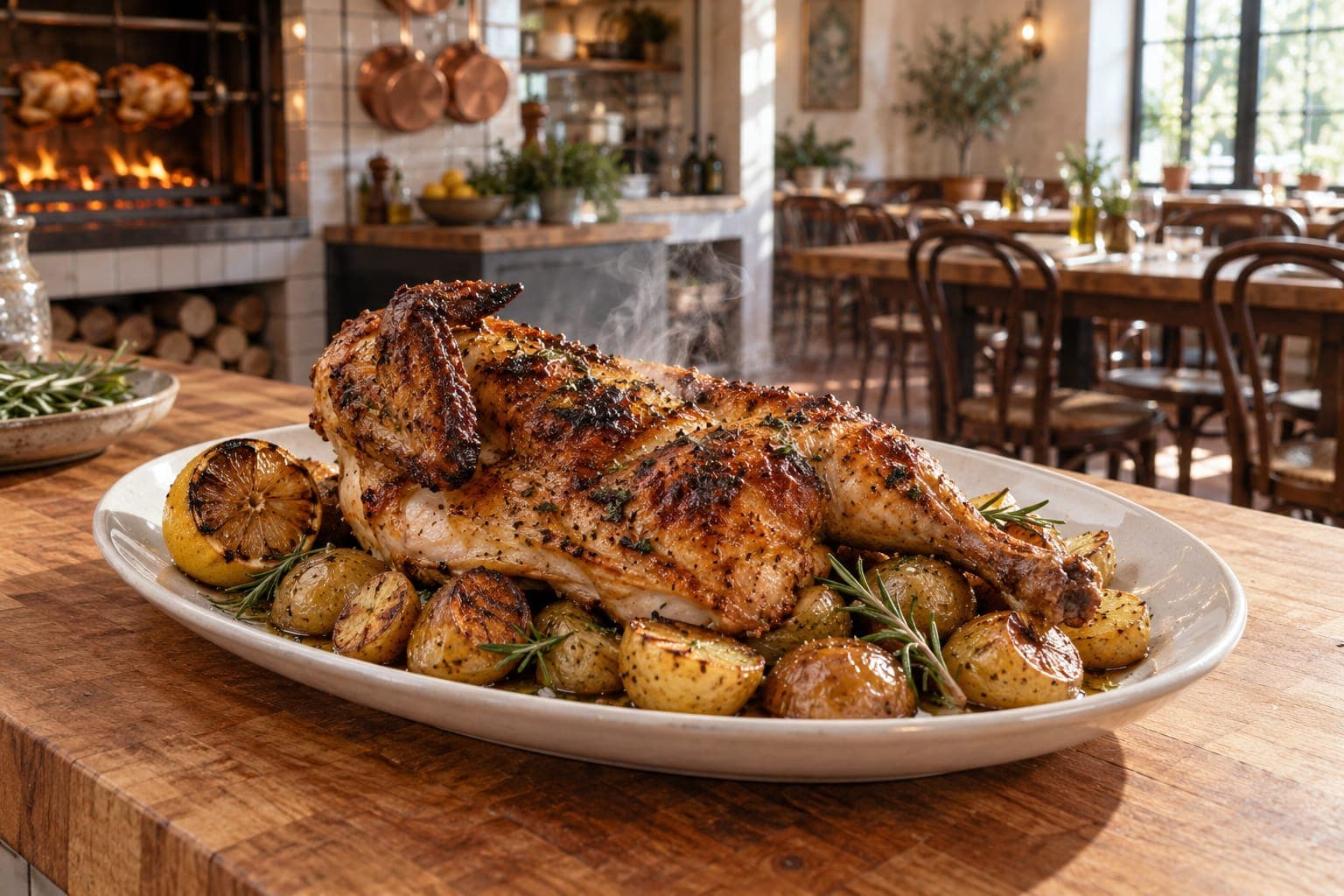 Half a rotisserie chicken, dark and crackling with thyme and pepper, on a white platter of small roasted potatoes with a charred lemon.