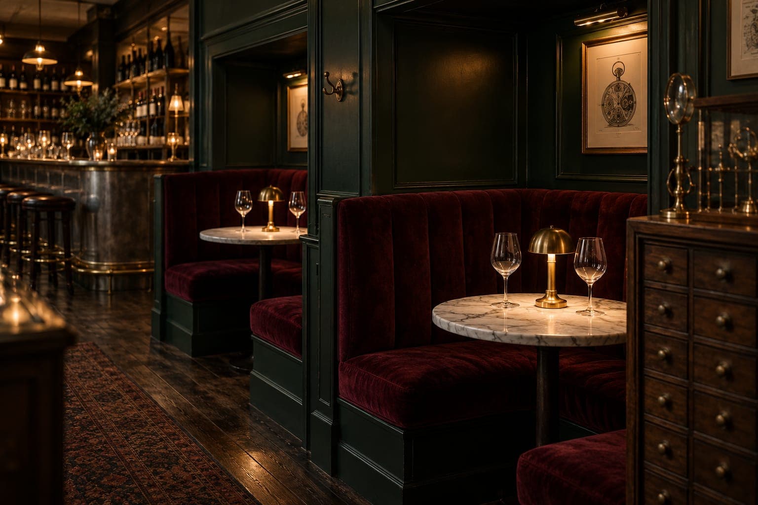 Two oxblood velvet booths set into the green paneled wall, each with a marble table, a small brass lamp and two glasses.