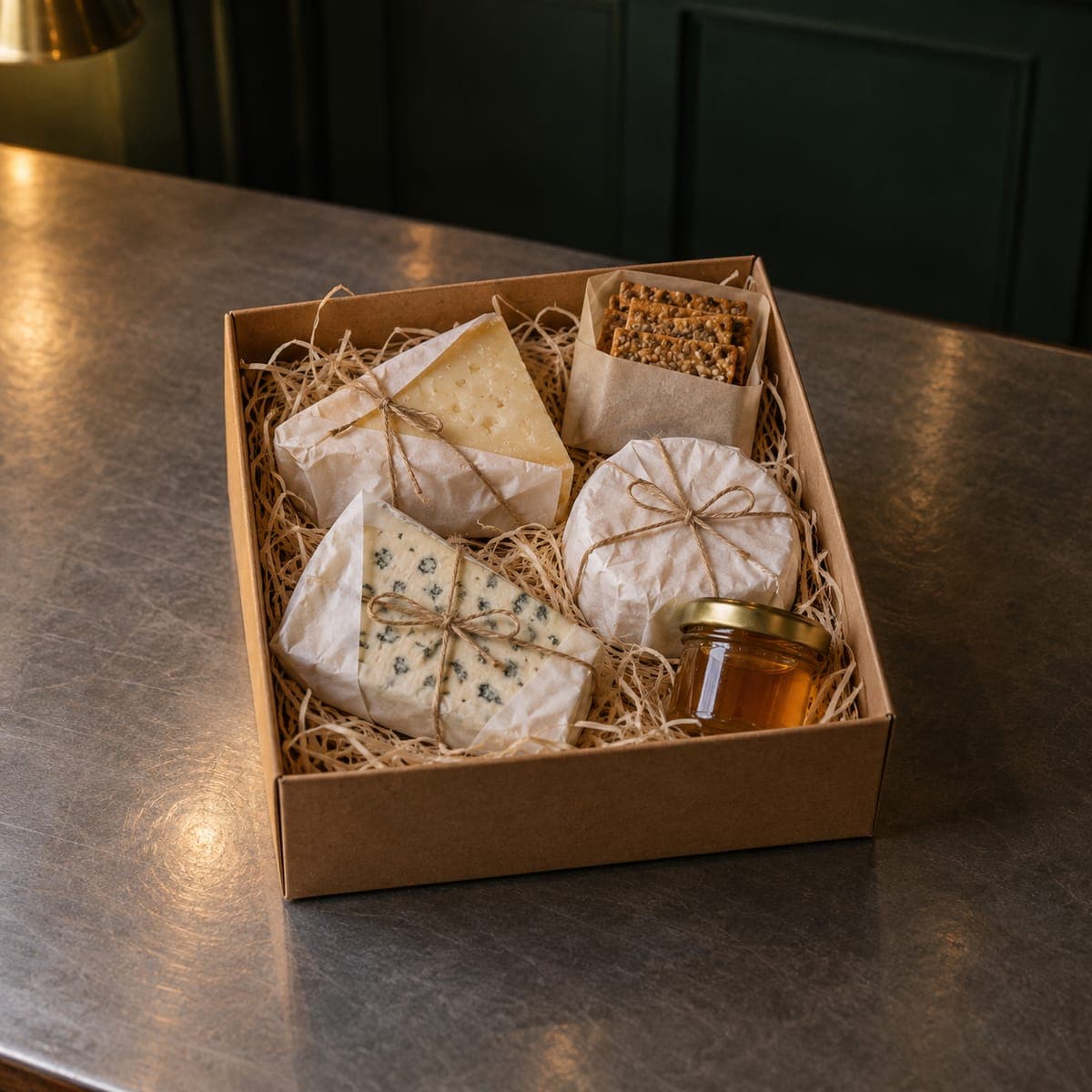 An open kraft gift box on the zinc bar with three paper-wrapped cheeses, a sleeve of crackers and a jar of honey.