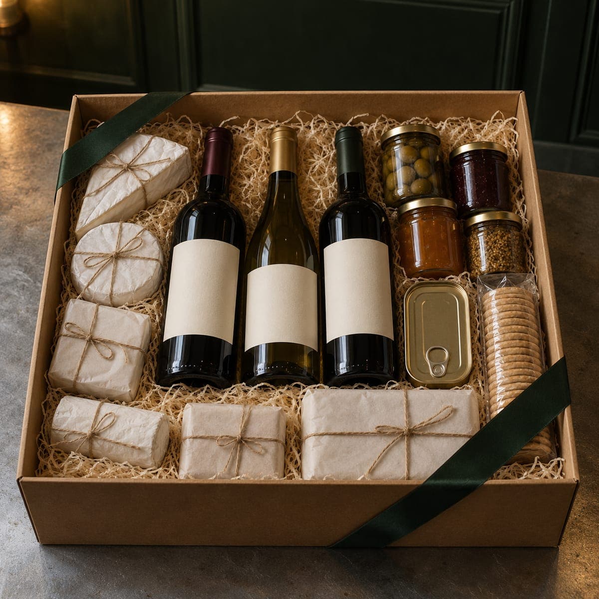 A large kraft hamper on the zinc bar packed with three bottles, paper-wrapped cheeses, jars and a tin in wood wool.