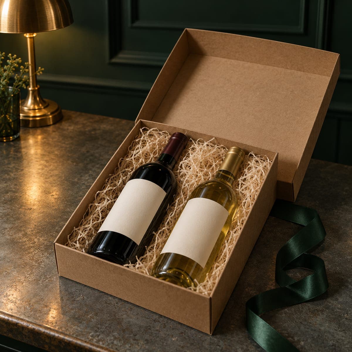 An open kraft gift box on the zinc bar holding a red and a white bottle in wood wool, a green ribbon beside it.