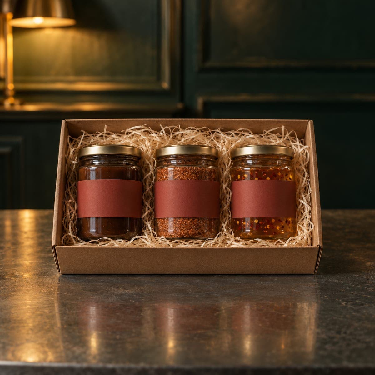 An open kraft gift box on the zinc bar with three brass-lidded jars: dark gravy, a rust-colored rub and amber honey.