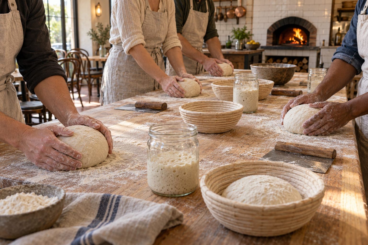 Floured hands shaping rounds of dough along a butcher-block table, proofing baskets and jars of starter between them, the hearth lit behind.