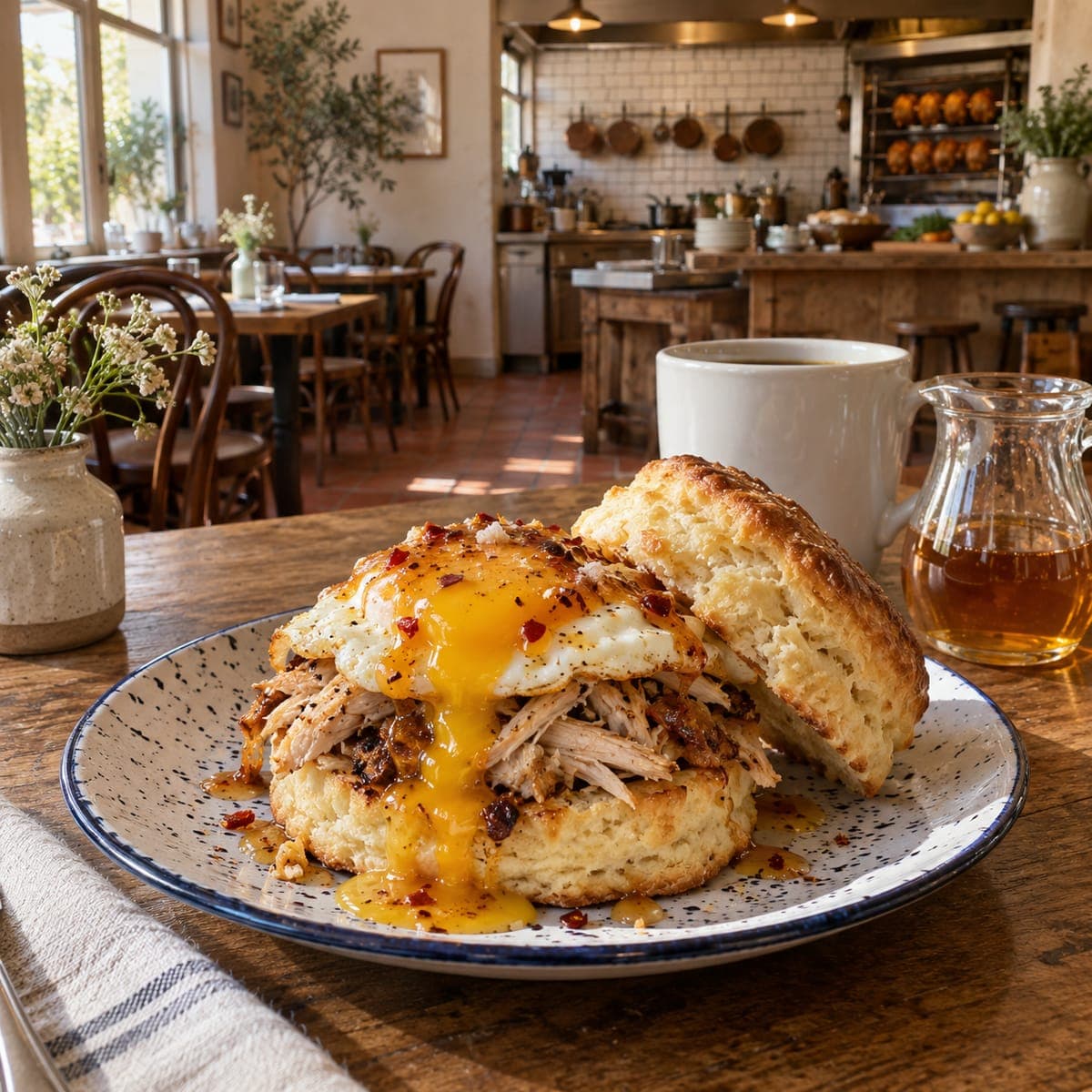 A split biscuit with pulled chicken and a fried egg, the yolk running, hot honey over everything, coffee and a jug of honey behind.