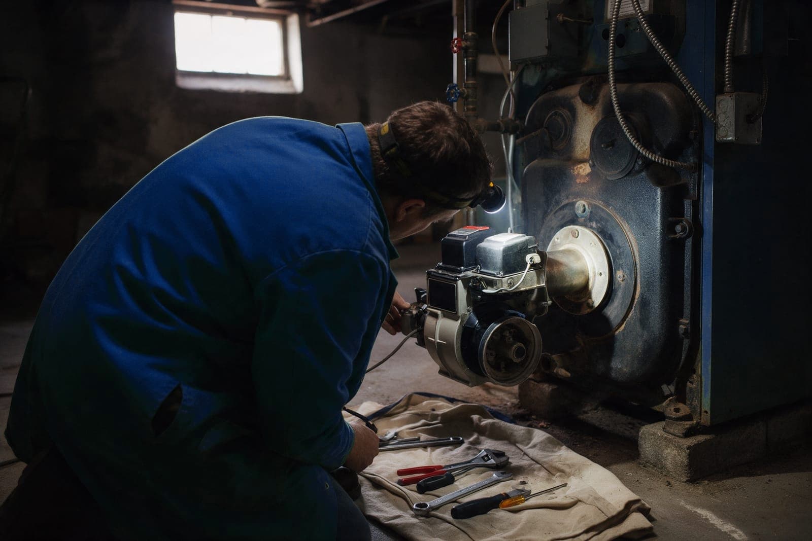 Technician by headlamp working on an oil burner with its cover off, tools laid out on a drop cloth