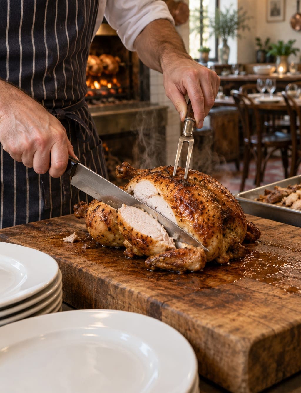 A cook in a striped apron carving a whole chicken on a worn butcher block, juices running, plates stacked ready.
