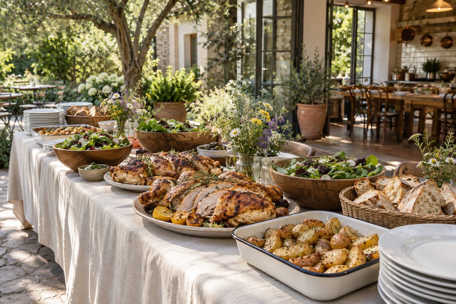 A long linen-covered table in a garden, set by our catering crew: platters of carved chicken, wooden bowls of salad, baskets of bread, a tray of potatoes, stacked plates.