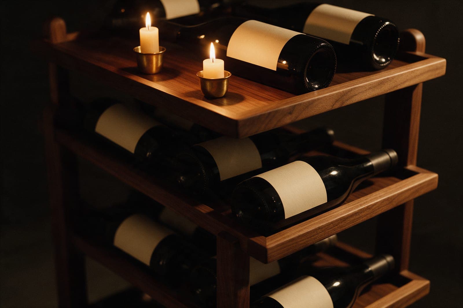 Wine bottles lying on a dark wooden shelf with blank cream labels, lit by two candles in brass cups.