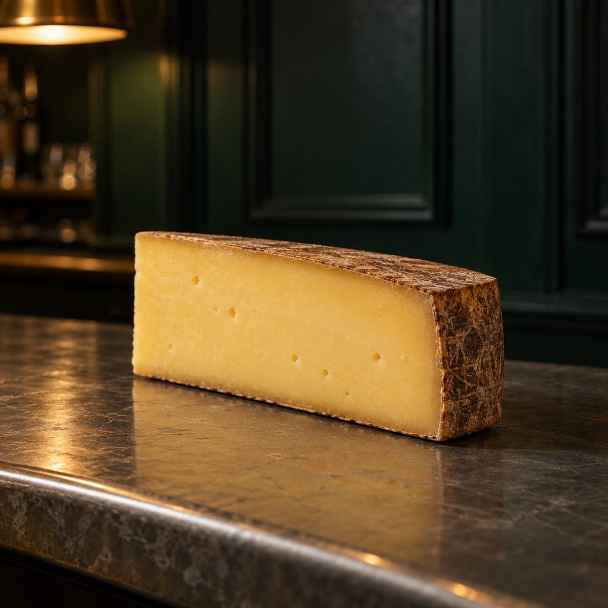 A long golden wedge of alpine cheese with a brown brushed rind on the zinc bar.