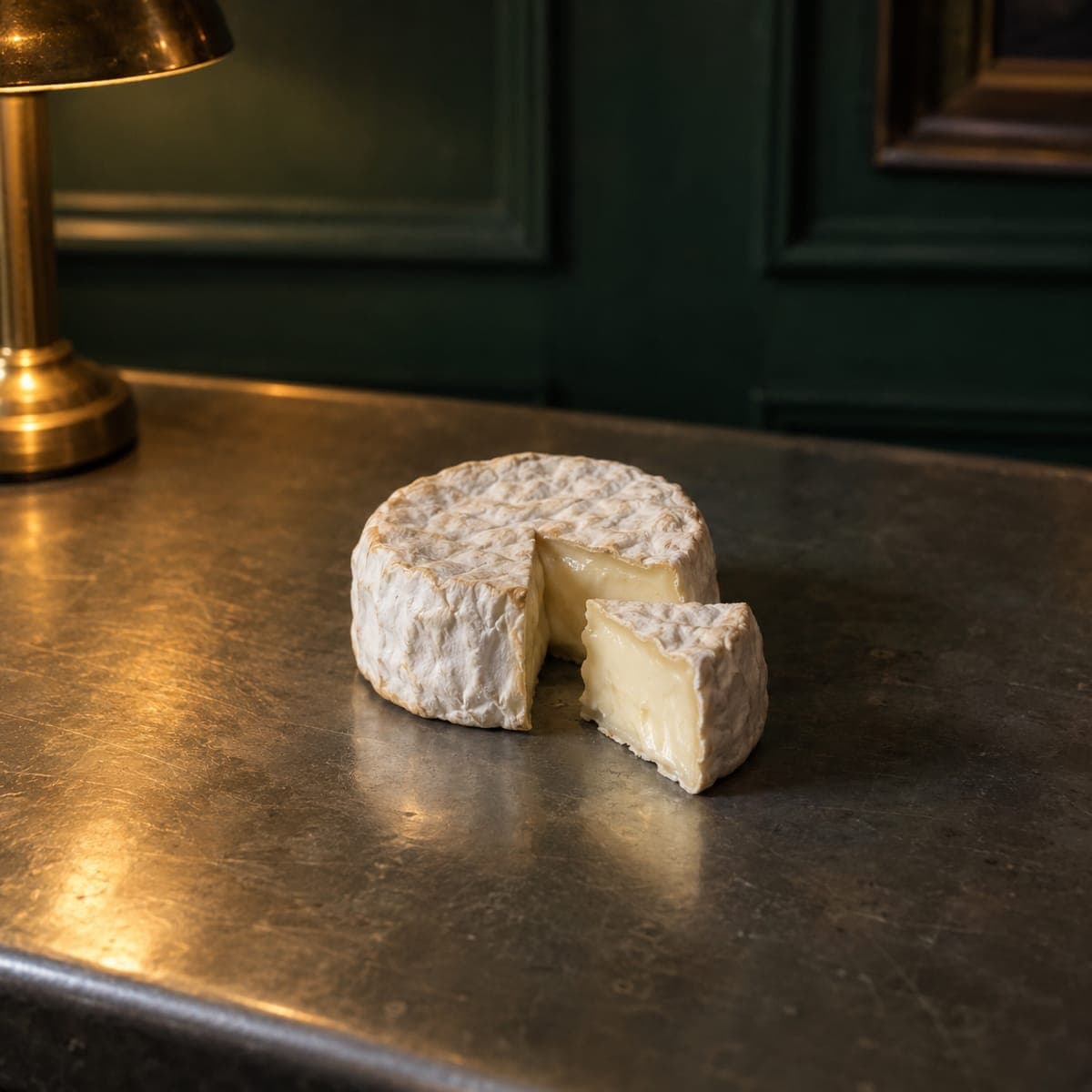 A small white bloomy-rind round on the zinc bar, one wedge pulled away to show the soft center.