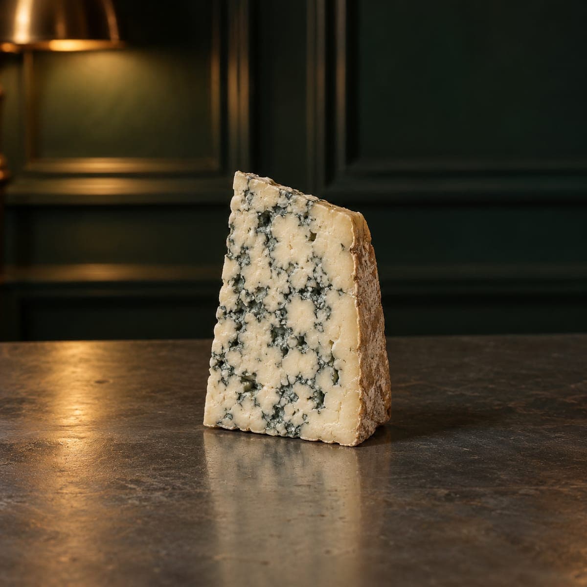 A tall wedge of blue cheese standing on the zinc bar, blue-green veins through an ivory paste.