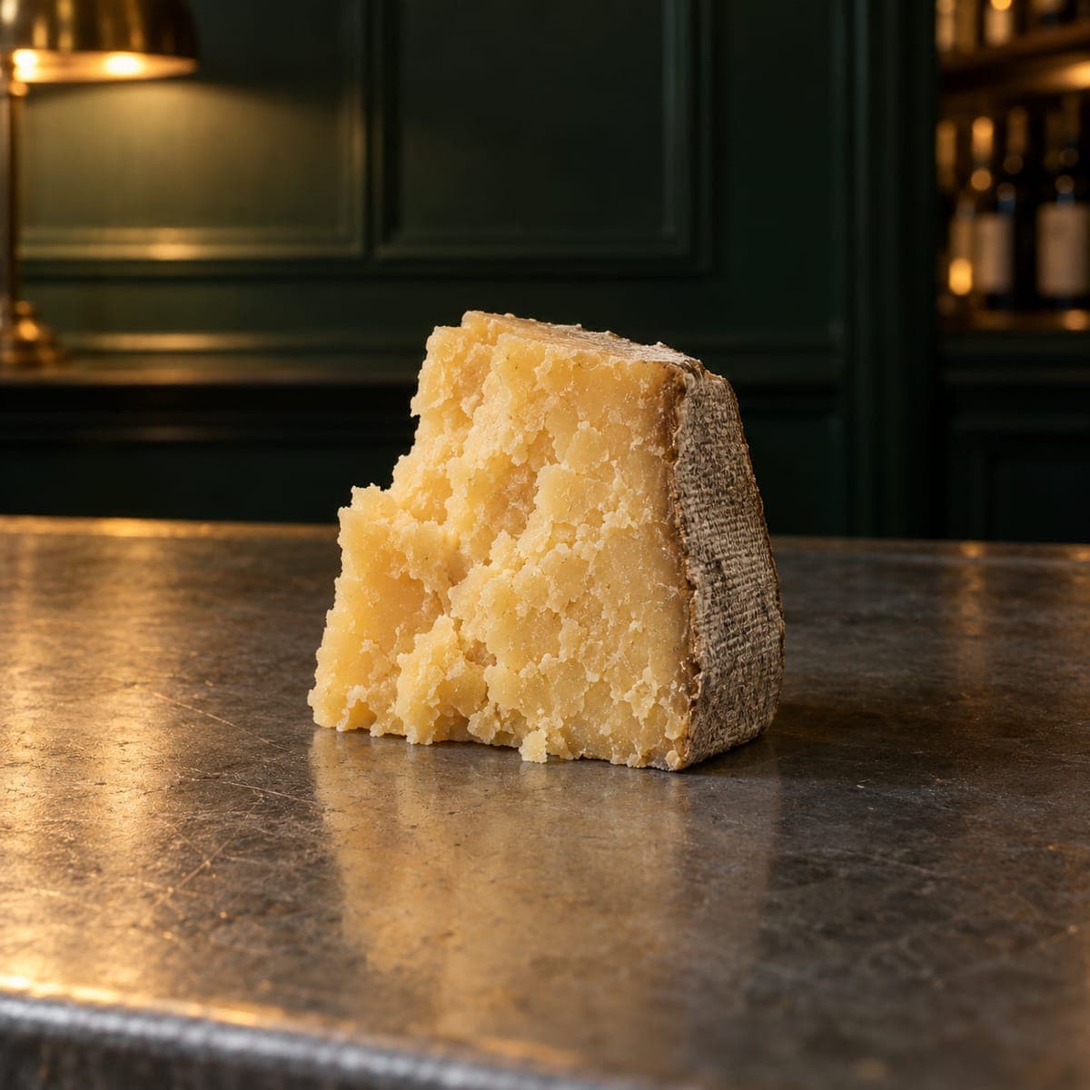 A rough, hand-broken chunk of pale gold clothbound cheddar on the zinc bar, cloth still on one side.
