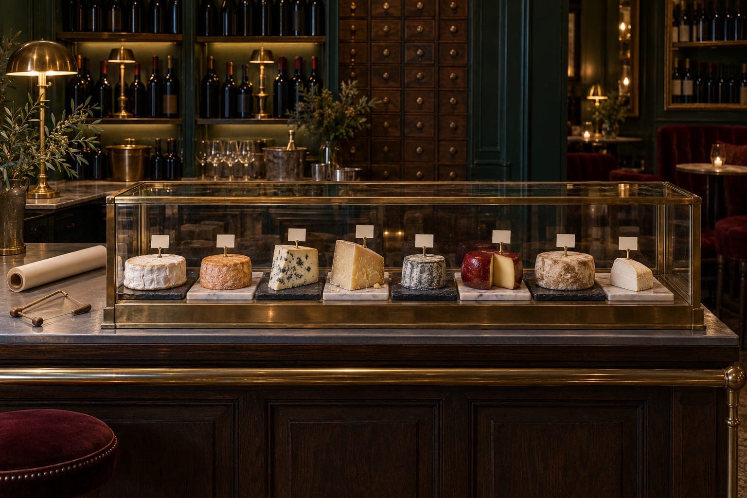 The four-foot glass and brass cheese counter at the end of the zinc bar, eight cheeses in a row with blank paper tags.