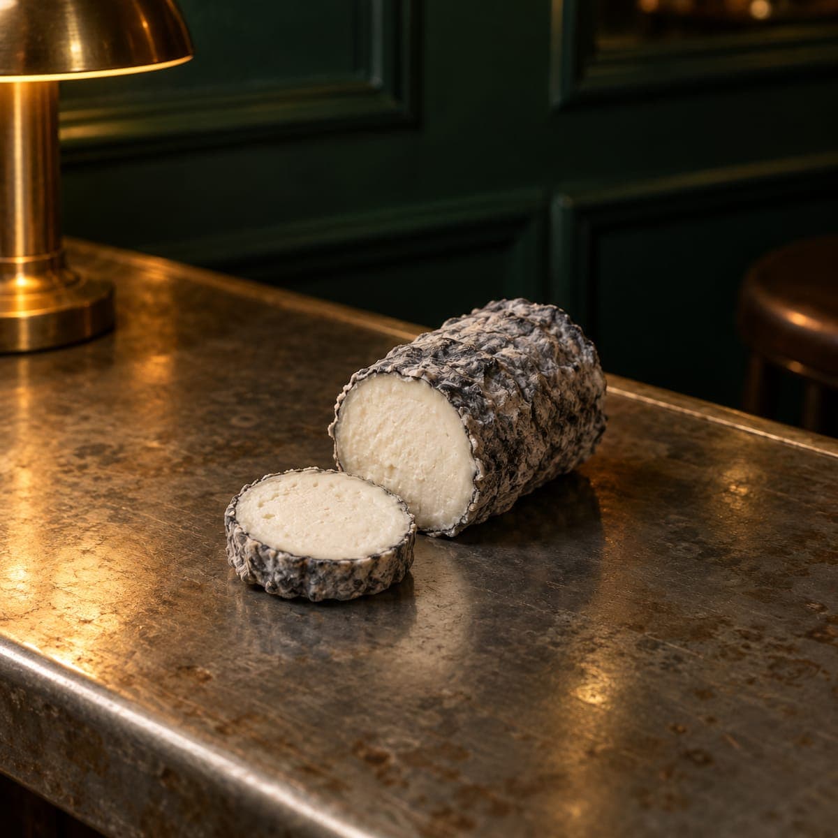 An ash-coated goat cheese log on the zinc bar with one thick slice laid flat beside it.
