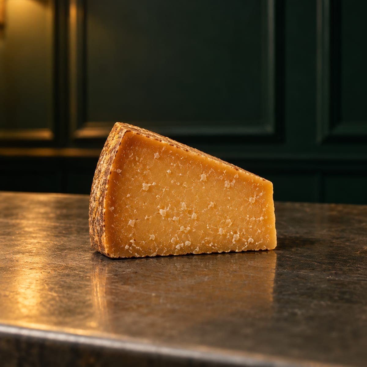 A wedge of amber aged gouda flecked with white crystals on the zinc bar.
