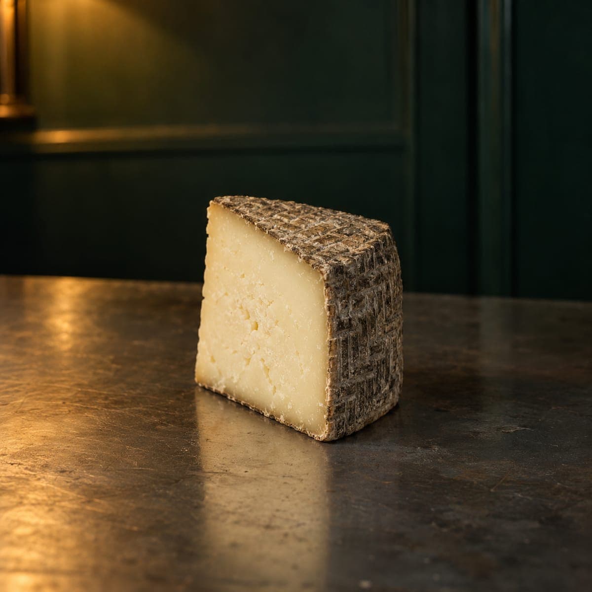 A wedge of sheep's milk tomme on the zinc bar, its grey rind marked with a basket weave.