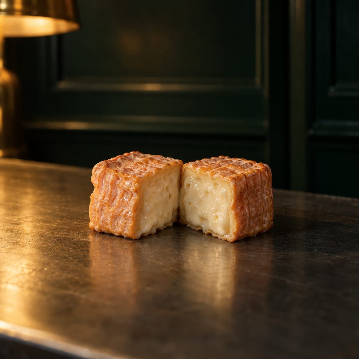 A small square washed-rind cheese with an orange rind on the zinc bar, cut to show its soft ivory center.