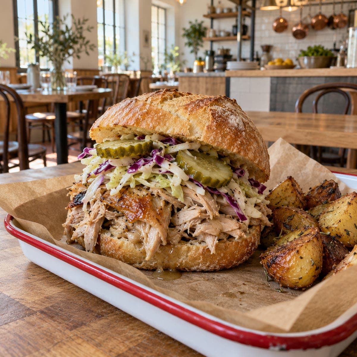 The Turnspit: pulled chicken, slaw and pickles piled on a crusty hearth roll, in a red-rimmed tray with a few potatoes.