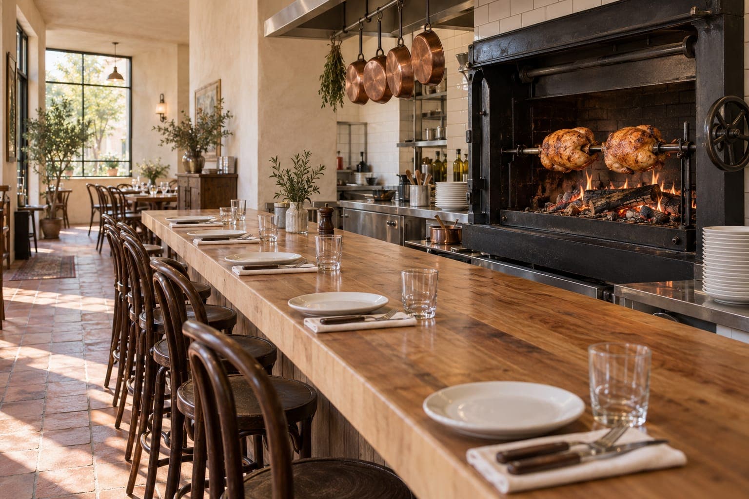 The counter in Huntington: a row of bentwood stools along a butcher-block bar, set for lunch, facing the black rotisserie and its fire.