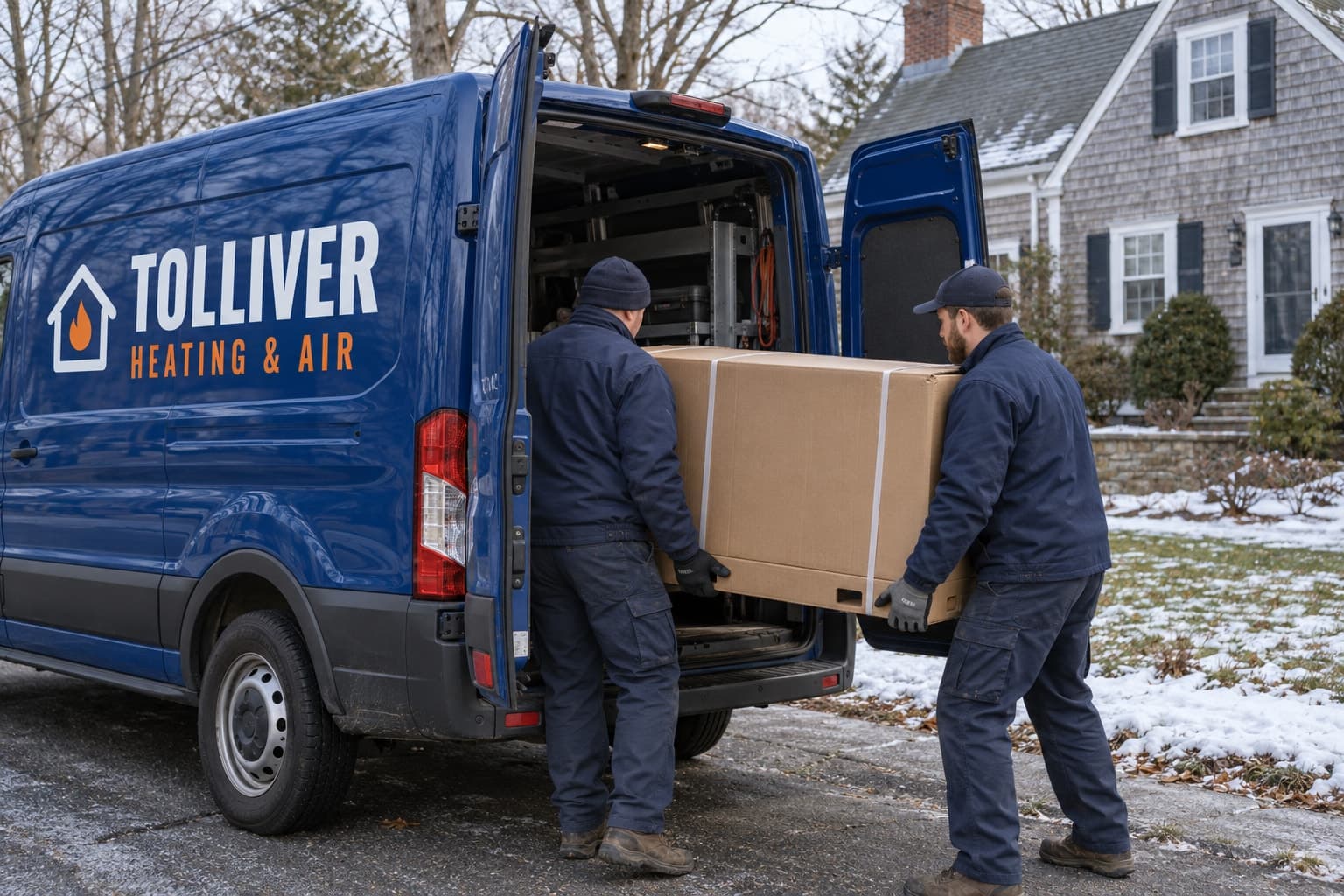 Two Tolliver technicians lift a boxed heat pump out of the back of a blue service van