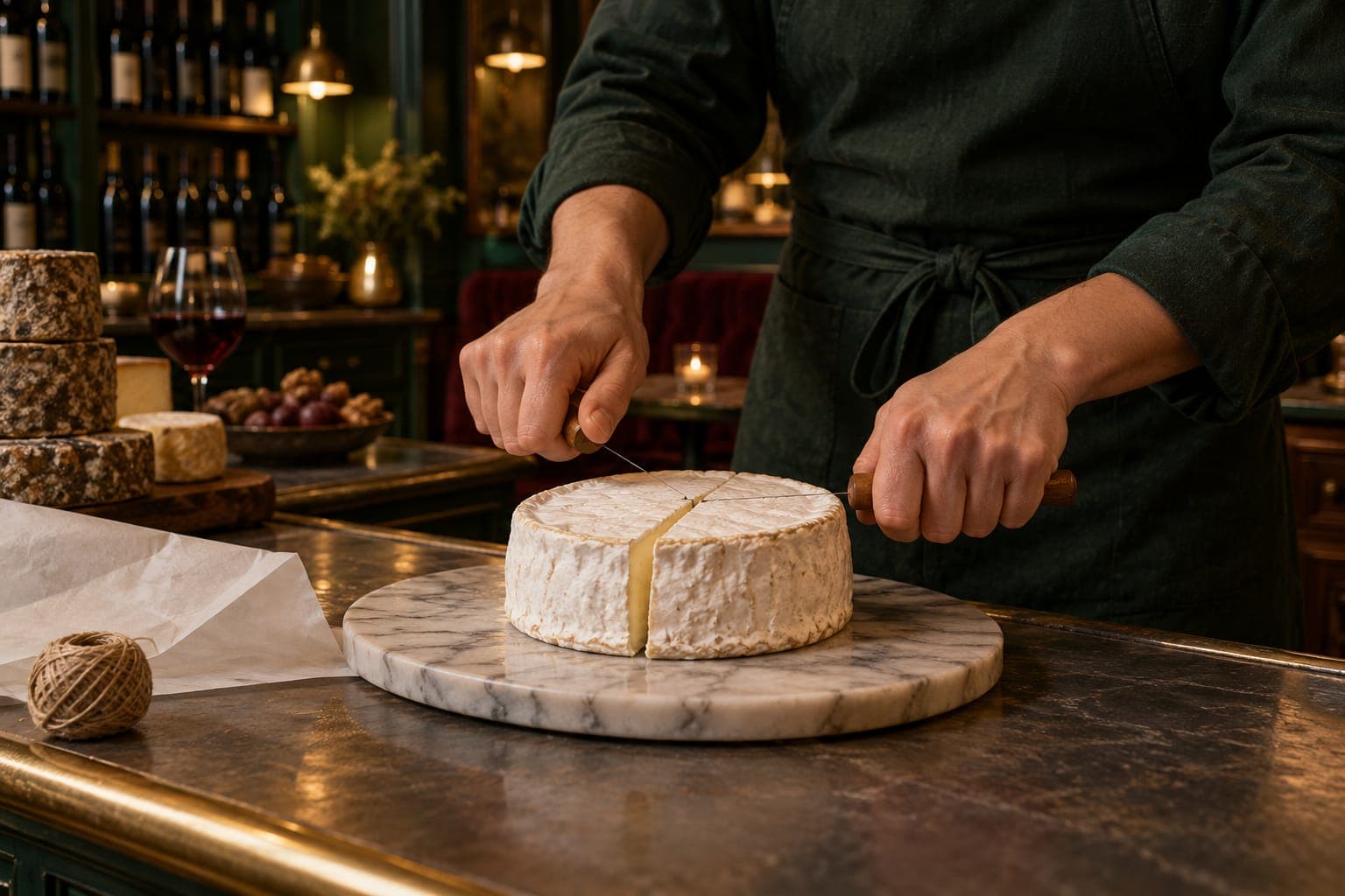 Wren's hands pulling a wire through a bloomy-rind cheese on a marble slab.