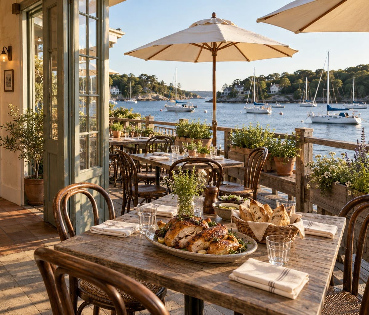 The Northport deck in late sun: a platter of chicken and a basket of bread on a weathered table, cream umbrellas, sailboats moored in the harbor.