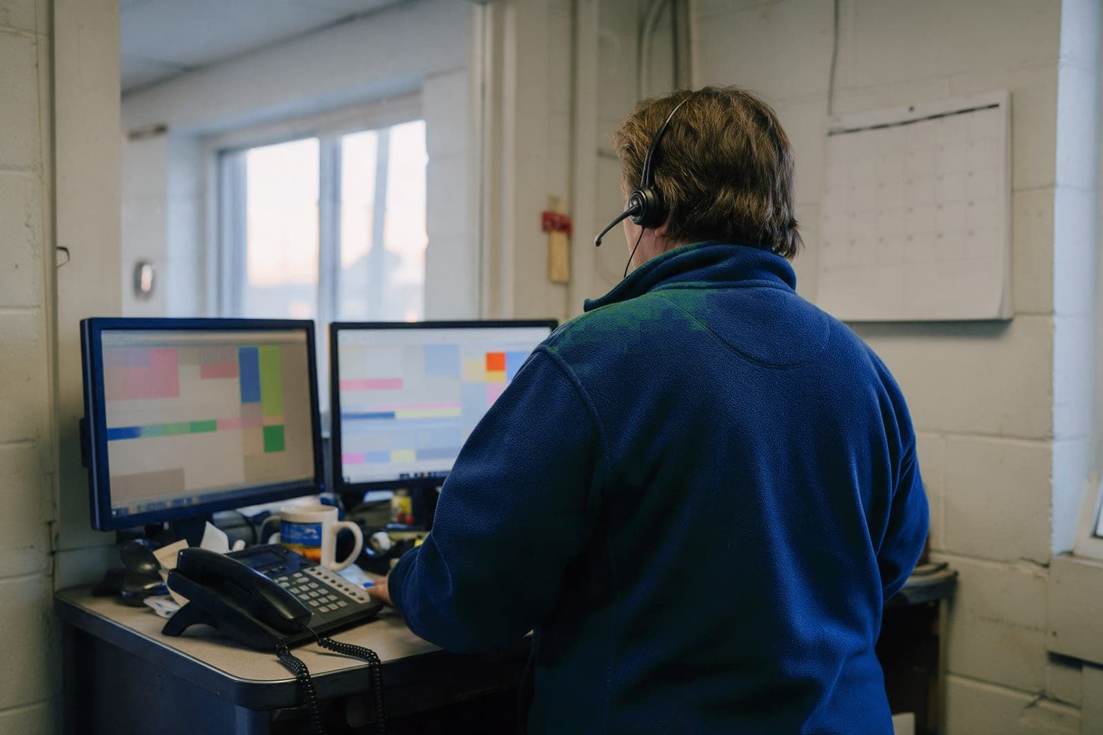 Dispatcher in a headset at a two-screen desk in the shop office, seen from behind