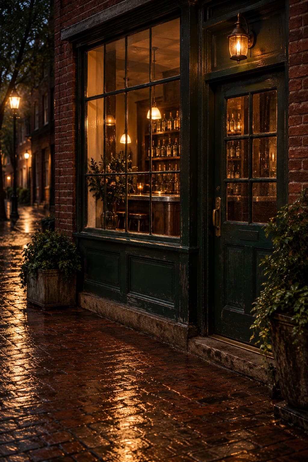 The green shopfront on Tallow Lane at night after rain: a tall paned window glowing, bottles on the shelves inside, a brass lantern over the door.