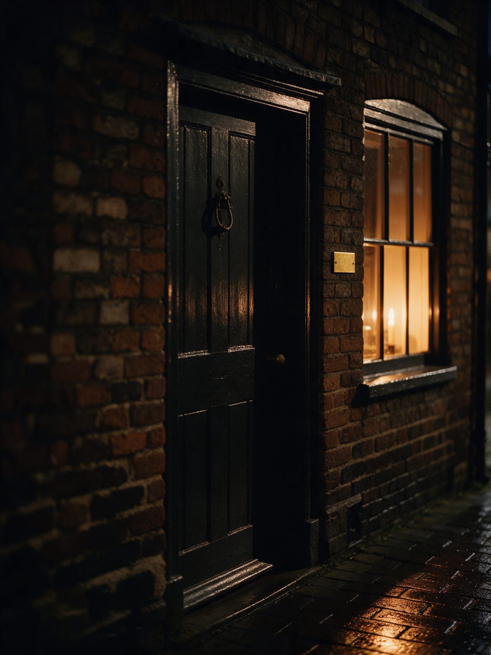 A narrow dark door in an old brick building at night, a small blank brass plate beside it, candlelight in the window.
