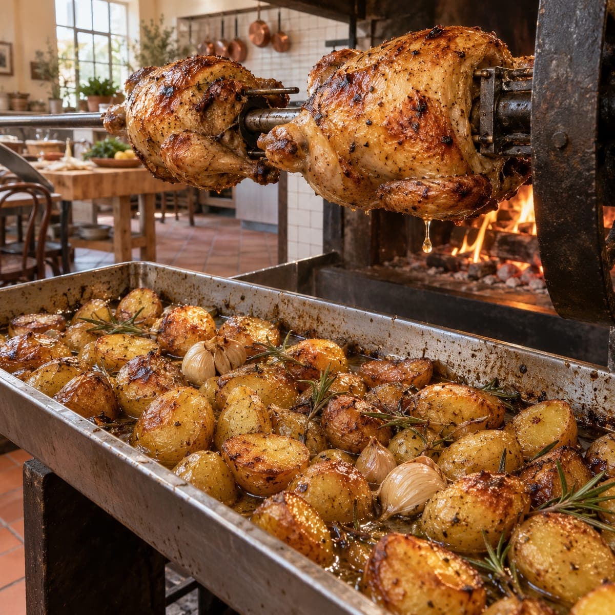 A steel tray of small golden potatoes, garlic and rosemary under two chickens turning on the spit, a drop of fat about to land.