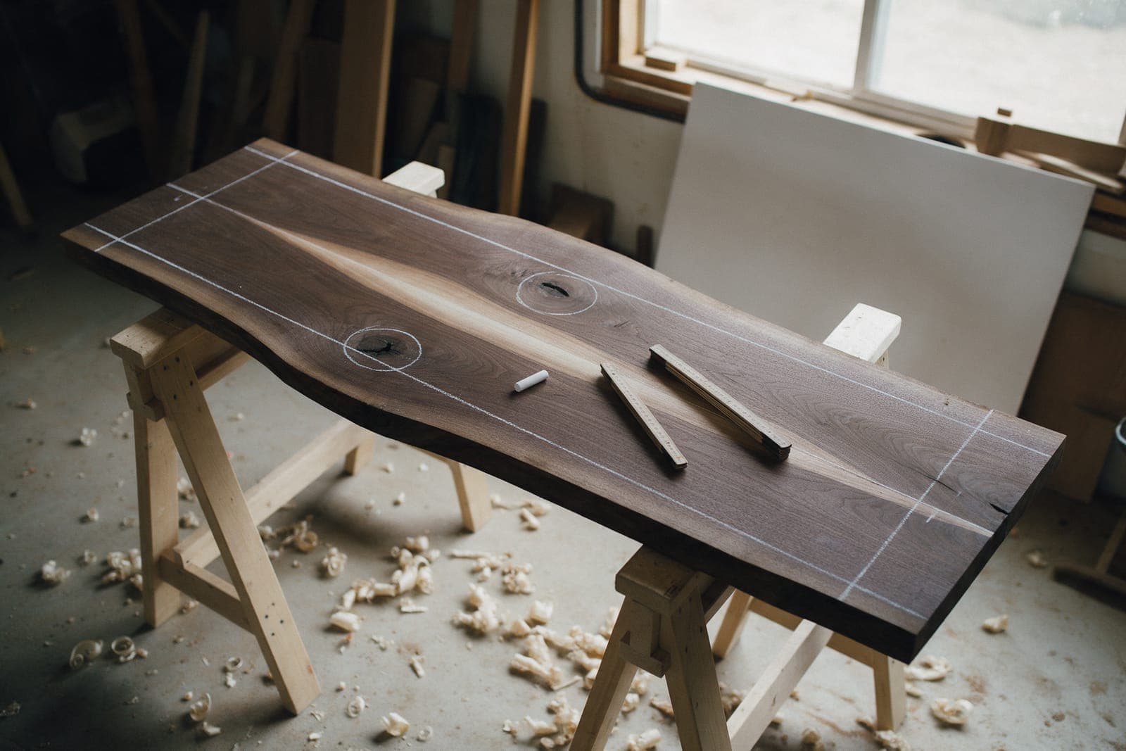 A walnut slab on sawhorses, chalked for cutting, two knots circled