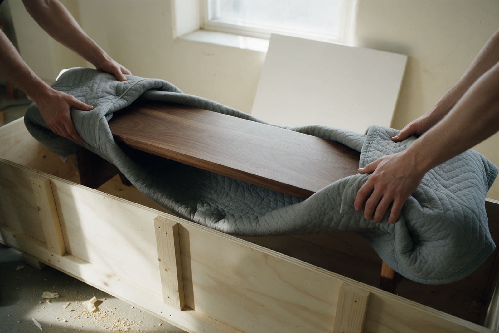 A walnut bench lowered into a plywood crate