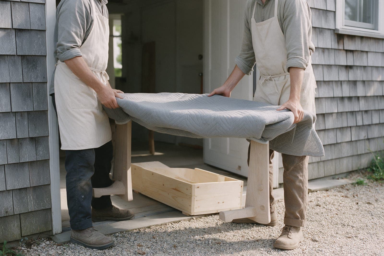 Two people in canvas aprons carrying a blanket-wrapped white oak table through a front door