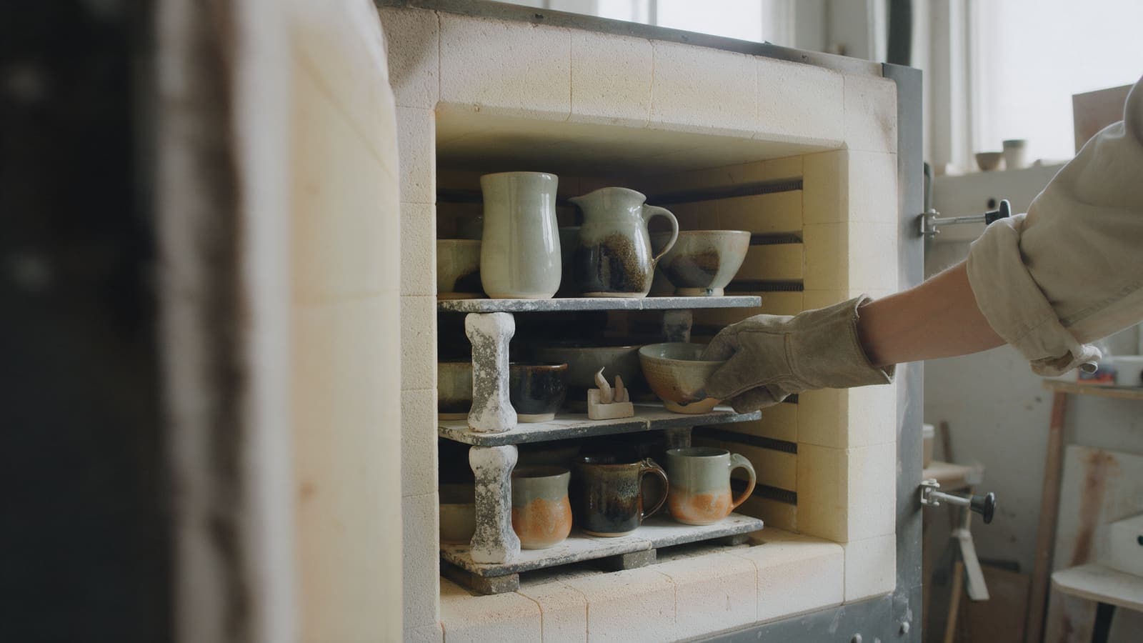 The gas kiln just opened, Firing No. 14 still on its shelves inside