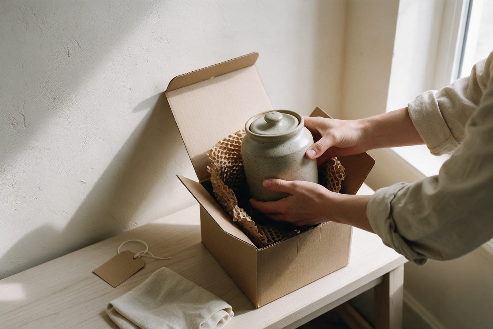 A lidded jar lifted out of its paper honeycomb in a double box on a hall bench
