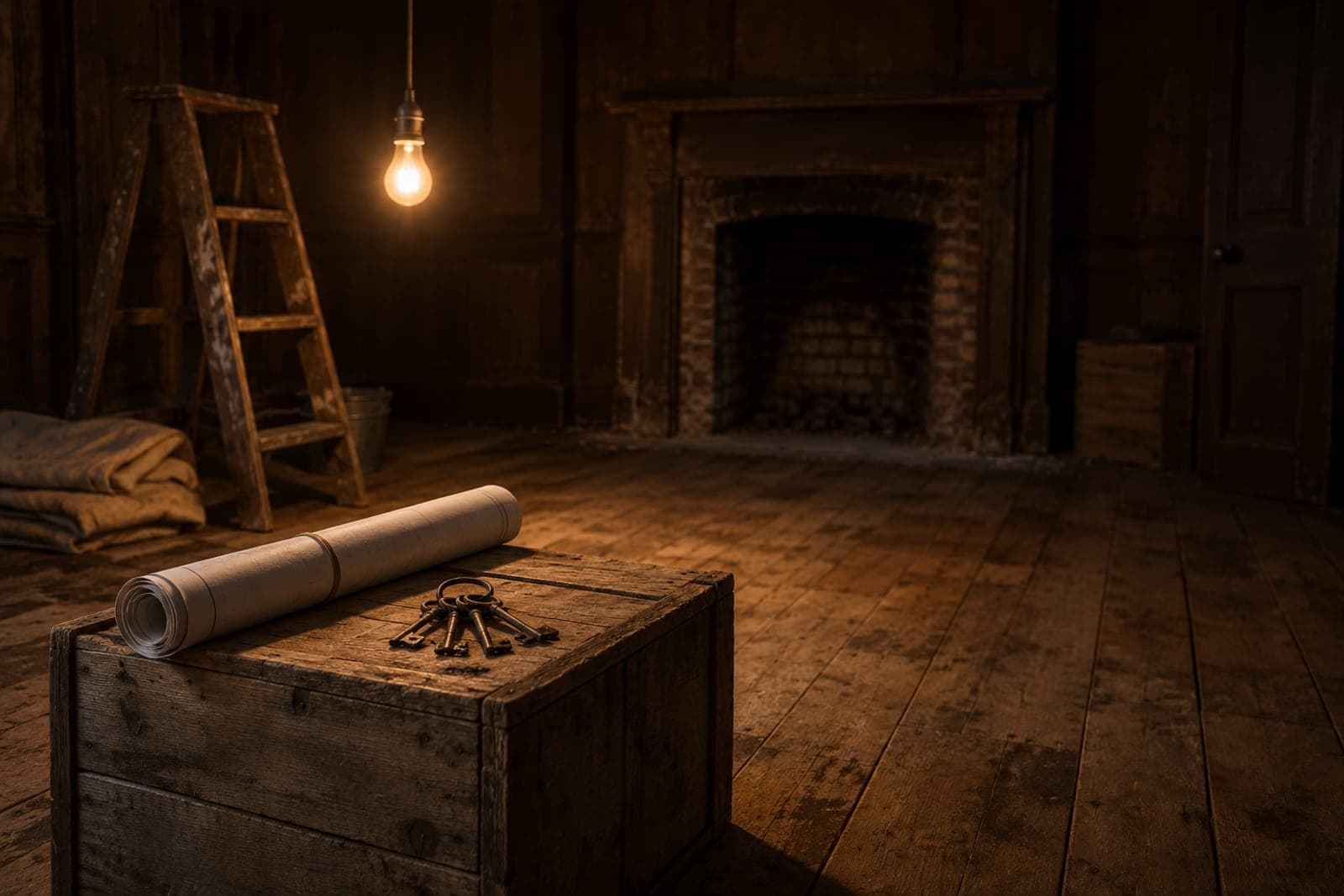 An empty paneled room at night under one work bulb: bare floorboards, a ladder, rolled drawings and a ring of keys on a crate, a cold brick fireplace.