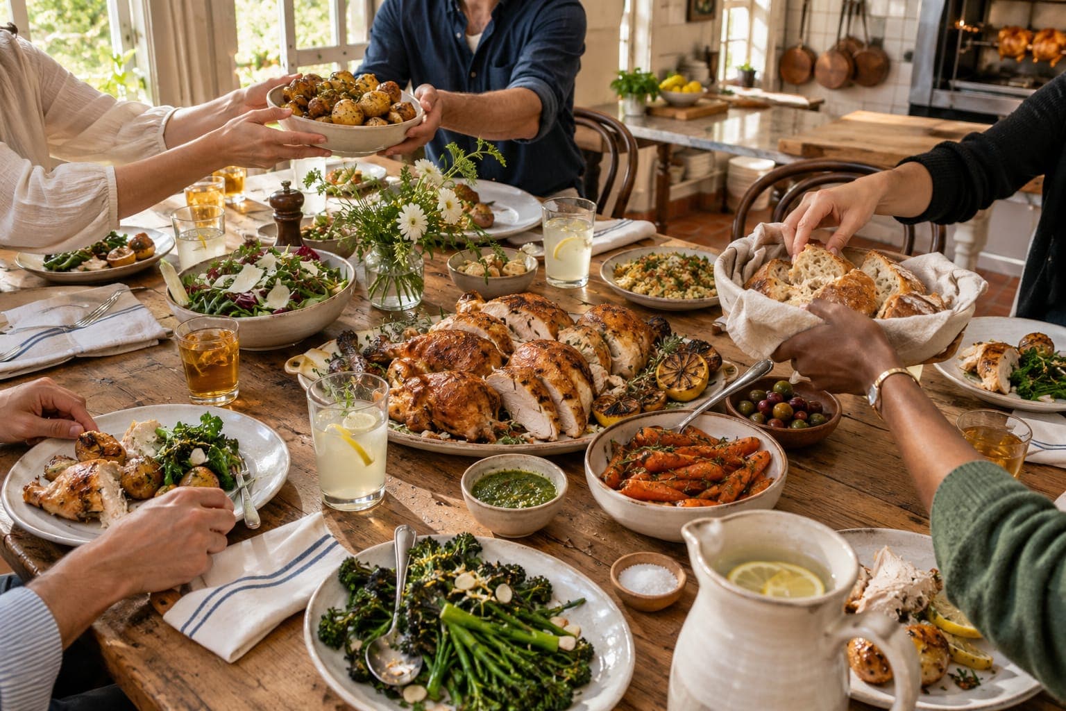 Sunday supper from above: hands passing a bowl of potatoes and a basket of bread across a table of carved chicken, salads, carrots, broccolini and lemonade.