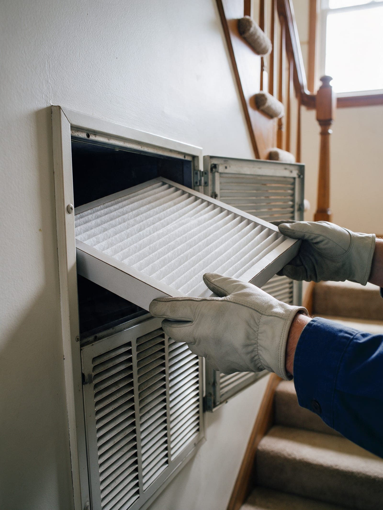 Gloved hands slide a new pleated filter into a return-air grille beside split-level stairs