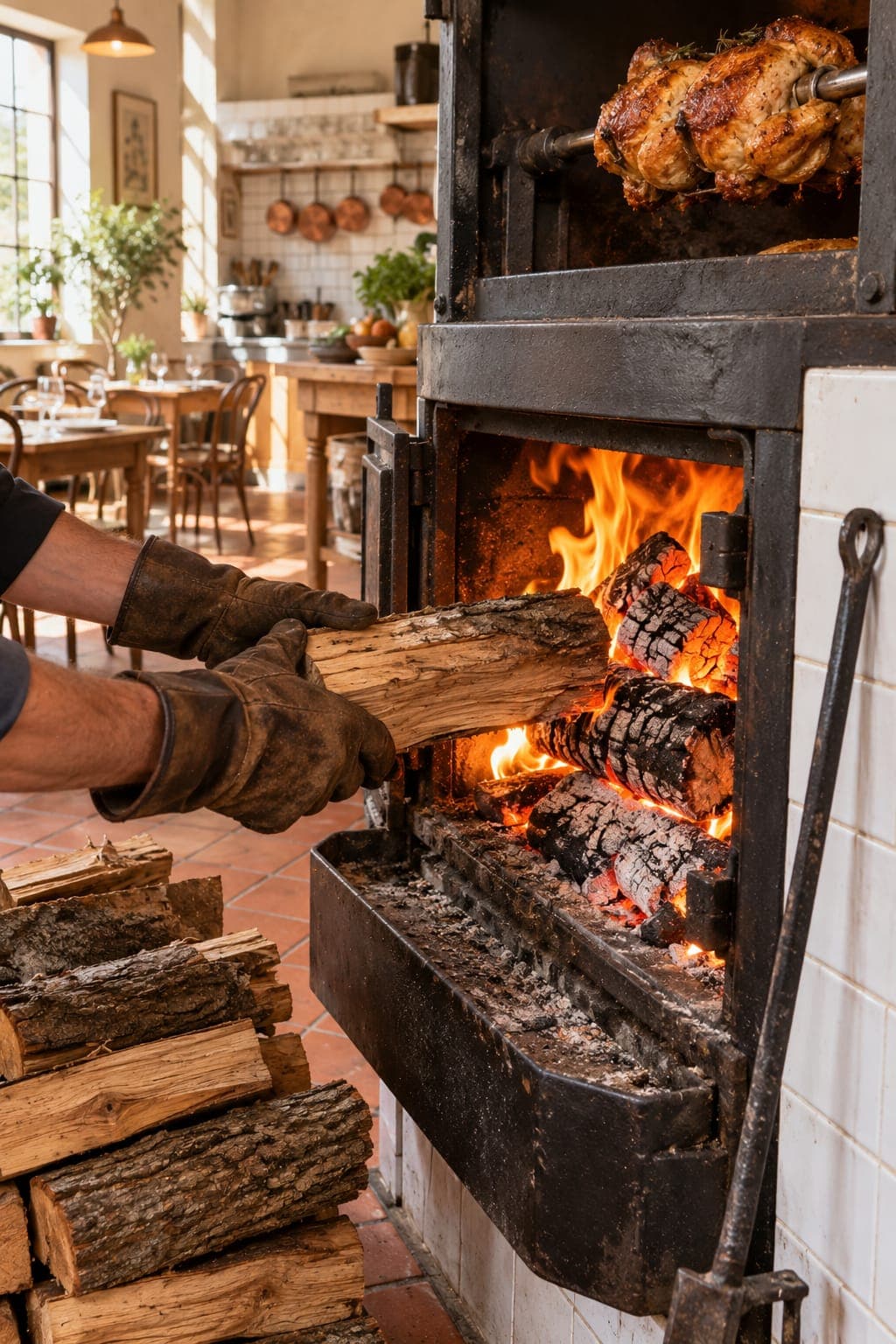 Split oak burning in the firebox, embers bright, gloved hands adding another log from the stack beside the tiles.