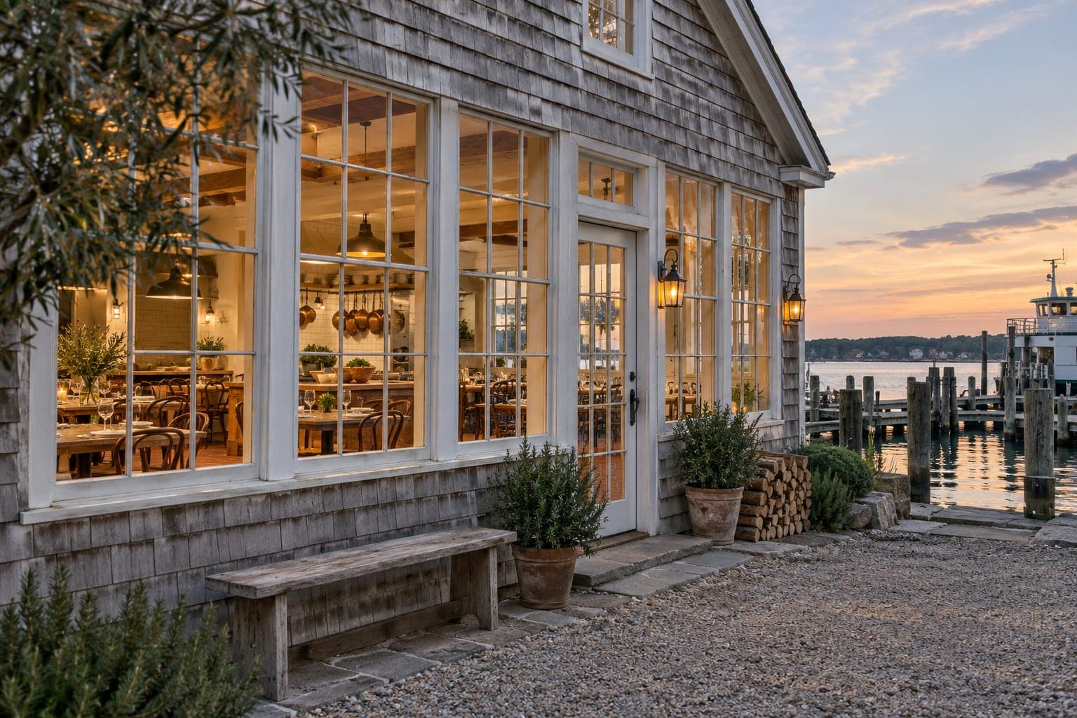 The old chandlery in Greenport at dusk: gray shingles, tall lit windows, firewood stacked by the door, the ferry at its dock behind.