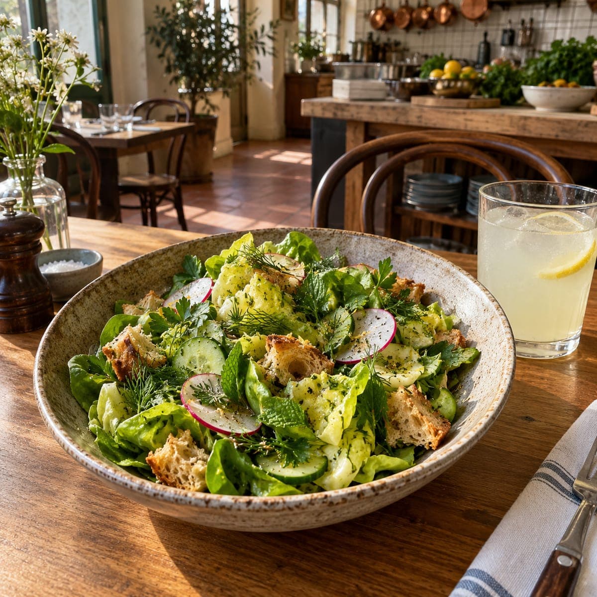 A wide bowl of little gem lettuce with shaved radish, cucumber, herbs and croutons, a glass of lemonade beside it.