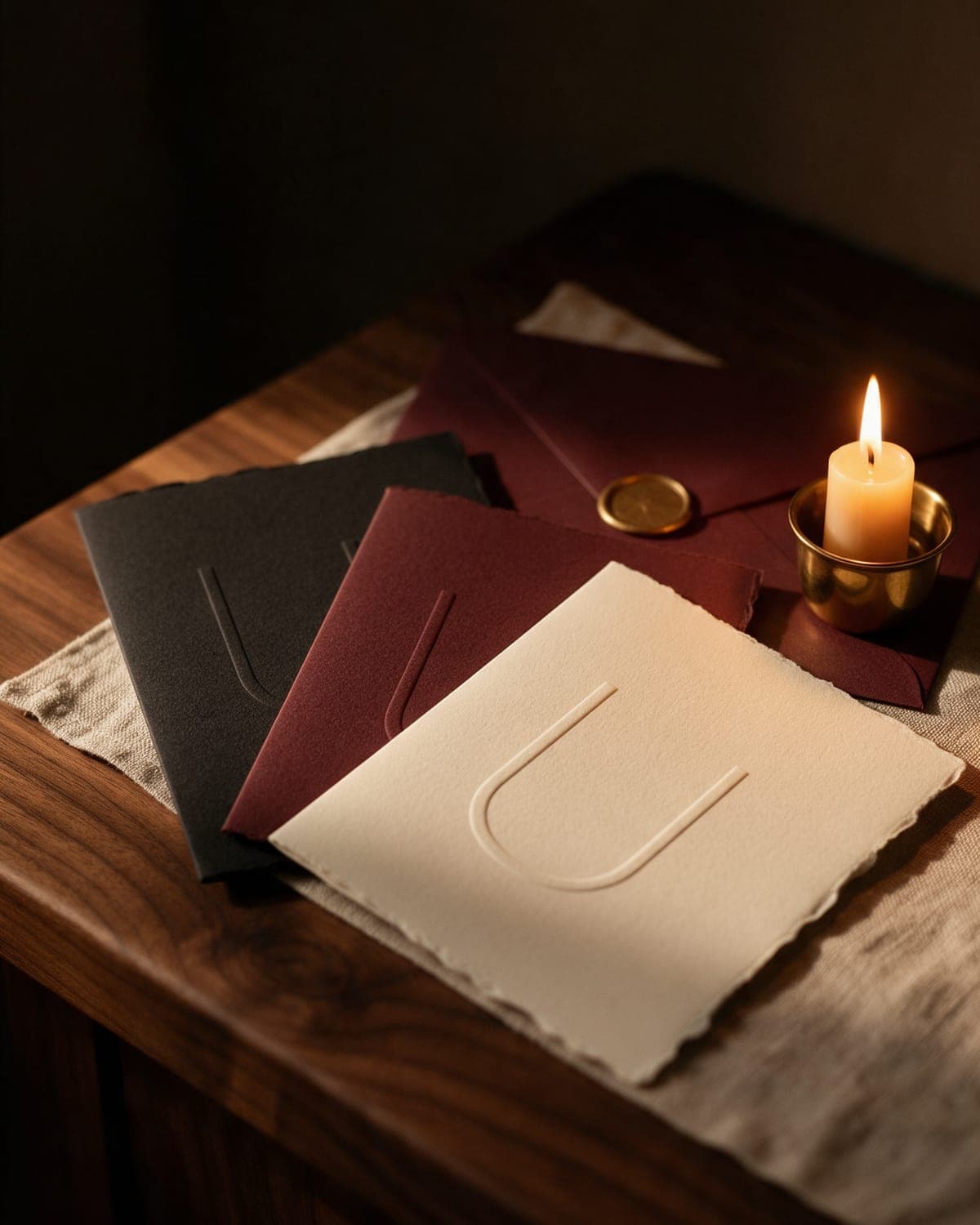 Three deckled letterpress cards, charcoal, oxblood and cream, each blind-debossed with the counter's U, an oxblood envelope with a gold wax seal.