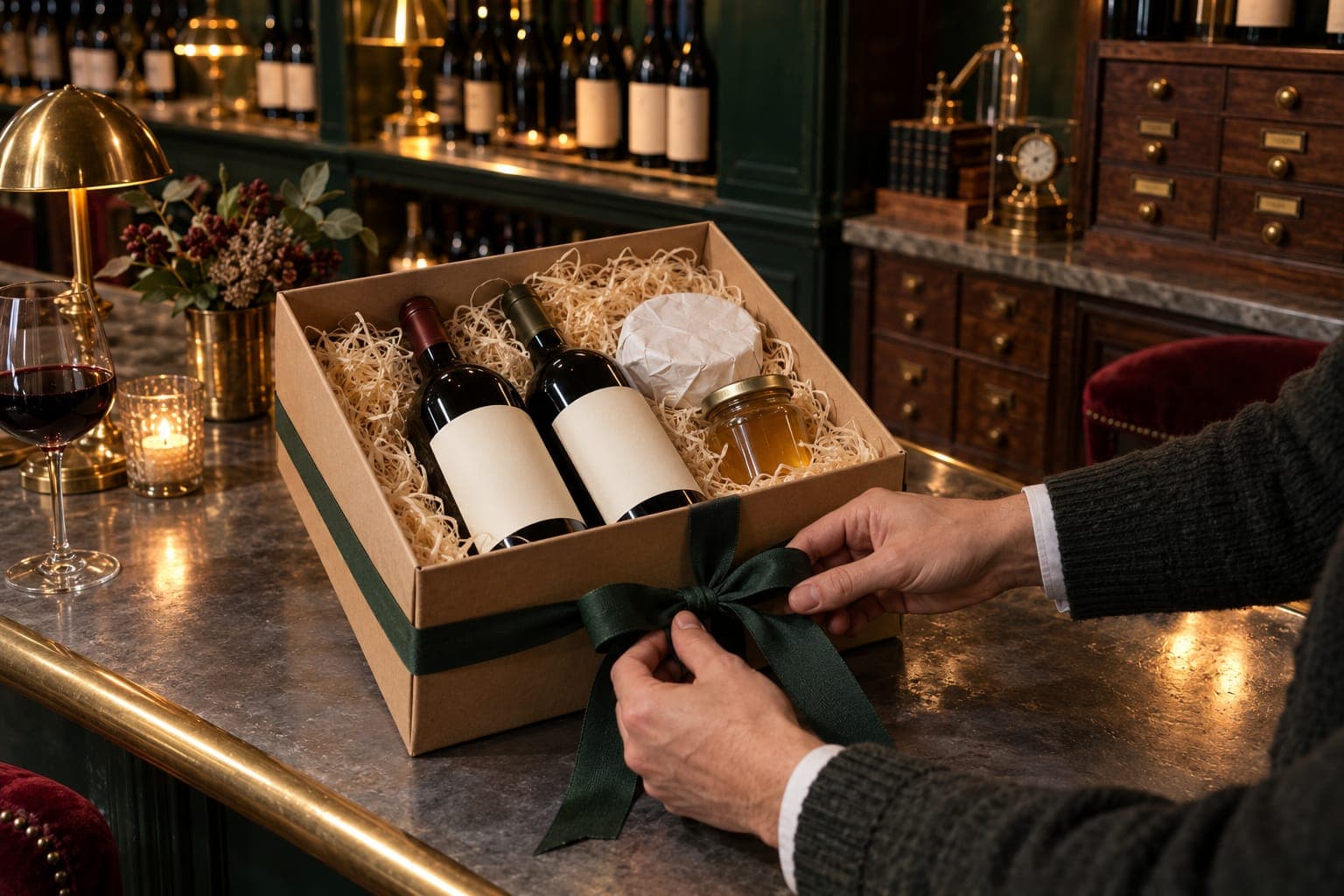 Hands tying a green ribbon around a kraft gift box.