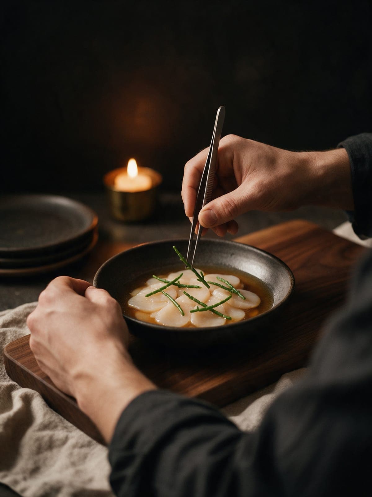 Two hands with steel tweezers setting a single sea bean on a dark stoneware plate at the walnut pass.